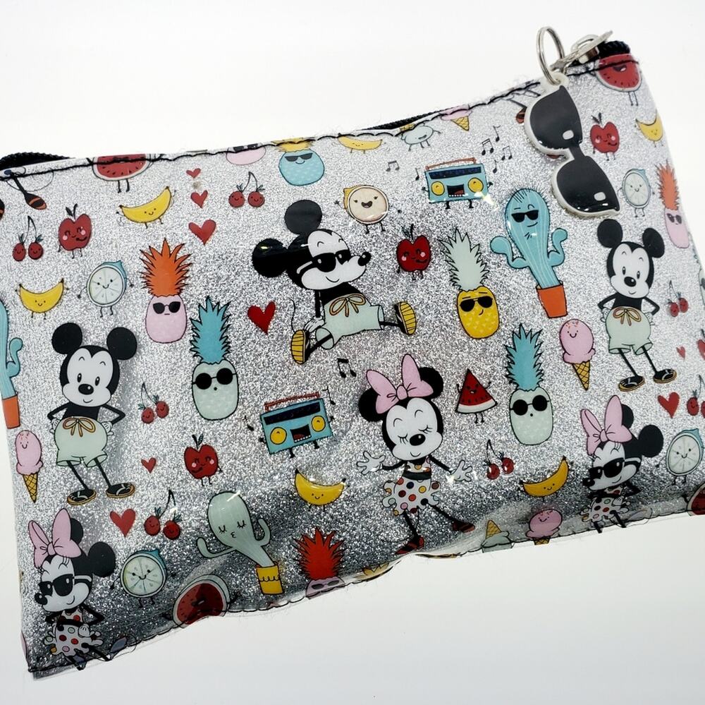 DISNEY Mickey Mouse and Friends zippered silver glittery pouch or bag Size 5x7